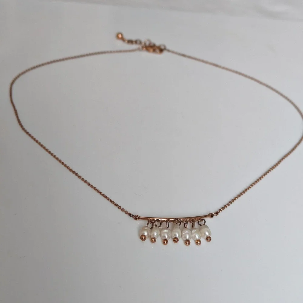 Rose Gold Tone Small Pearl Dangle Bar Necklace Adjustable Link Chain Boho